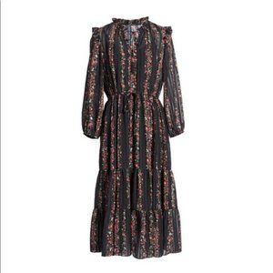 Julia Jordan Black Striped Floral Blouson Billow Long Sleeve Chiffon Dress NWT 8